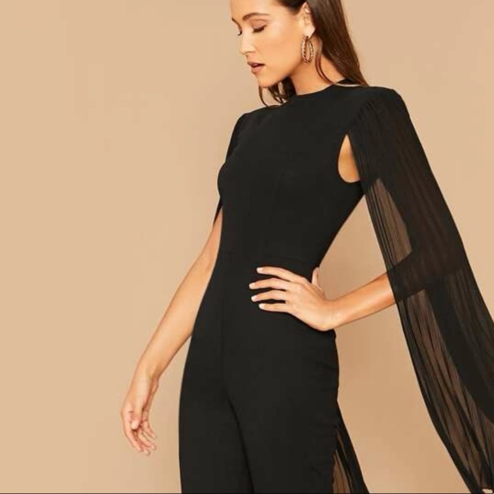 Black jumpsuit romper cape illusion size small.